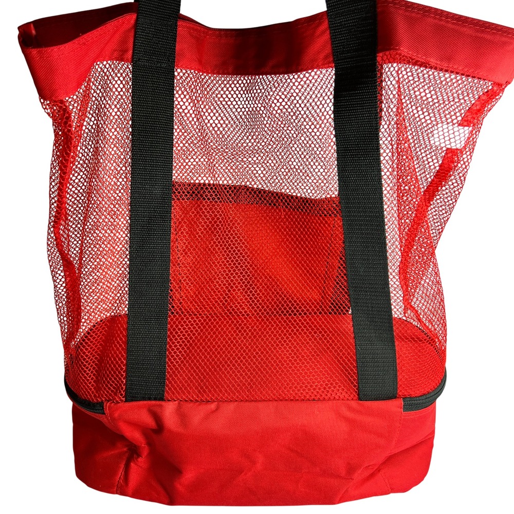 Red Mesh Beach Tote Bag‎ w/ Insulated Cooler Bottom Pool Swim Carryall